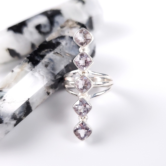 Sterling Silver 5 Stone Cushion Cut Pale Lavender Kunzite Crawler Ring Size 8 - Picture 9 of 16